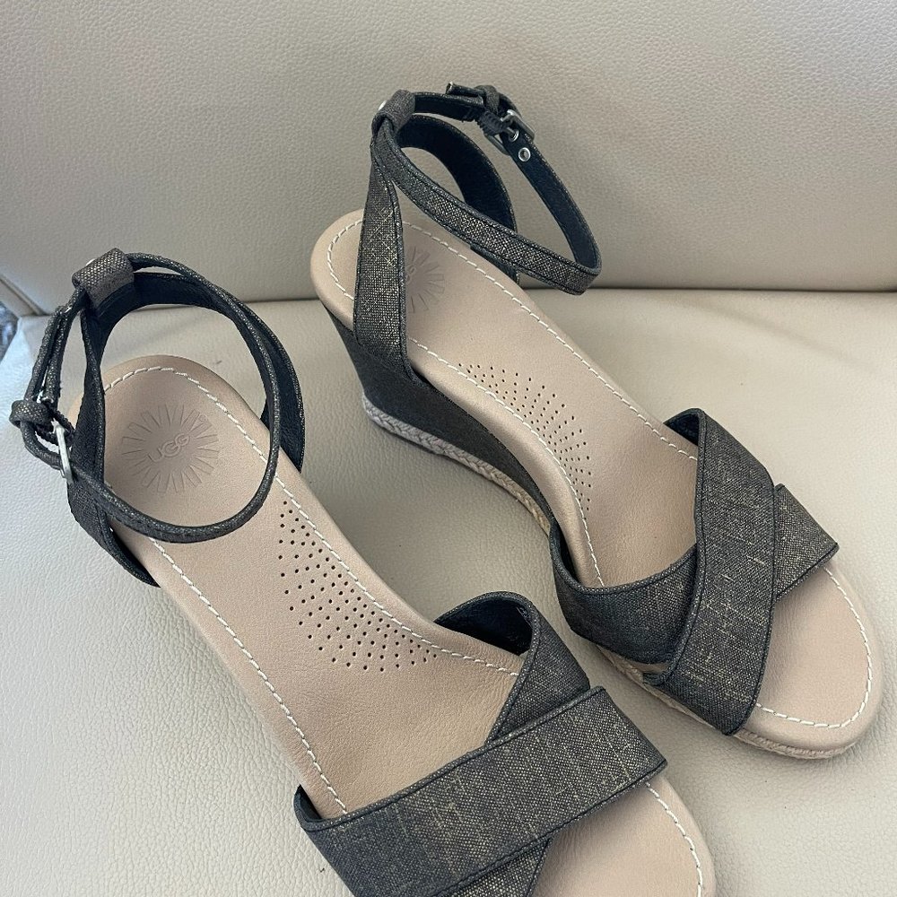 UGG Brand Black & Gold Linen Strappy Heels